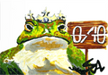 Close-up of 0/10 art print featuring a crowned green frog holding a 0/10 rating sign