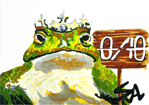 Close-up of 0/10 art print featuring a crowned green frog holding a 0/10 rating sign