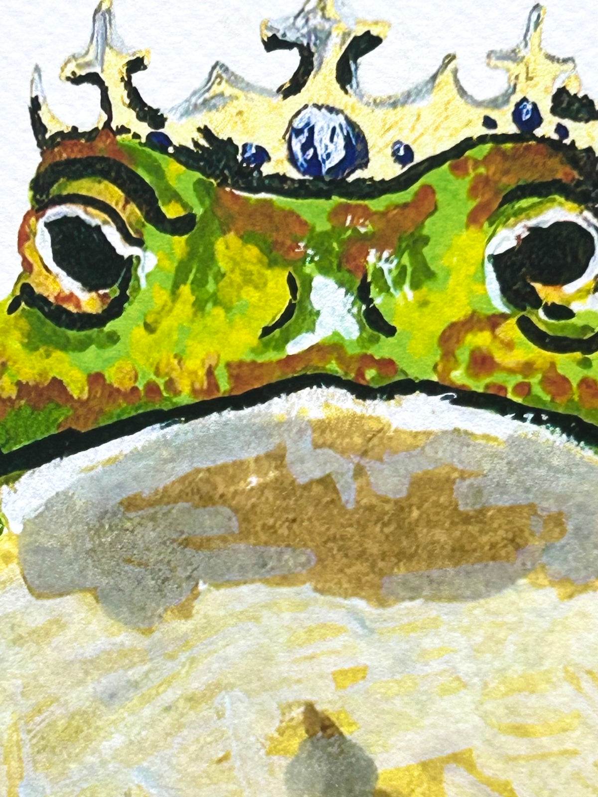 Close-up detail of 0/10 frog art print showing the crowned frog from the Chronicles of a Tired Frog collection