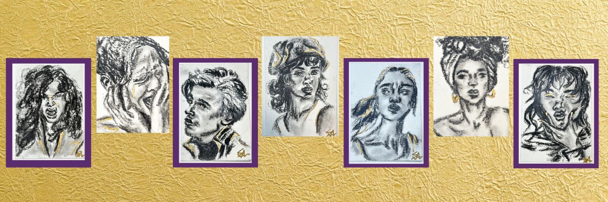 The Gilded Muses print collection featuring expressive charcoal portraits with gold accents by Shalee Talbert