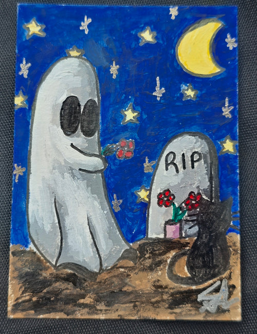 Original miniature painting A Little Forever featuring a white ghost offering red flowers beside a RIP gravestone and black kitty beneath a crescent moon and stars.