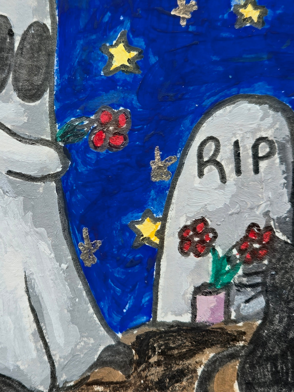 Close-up of A Little Forever showing a white ghost holding red flowers, a RIP gravestone, and a black cat against a deep blue starry night sky.