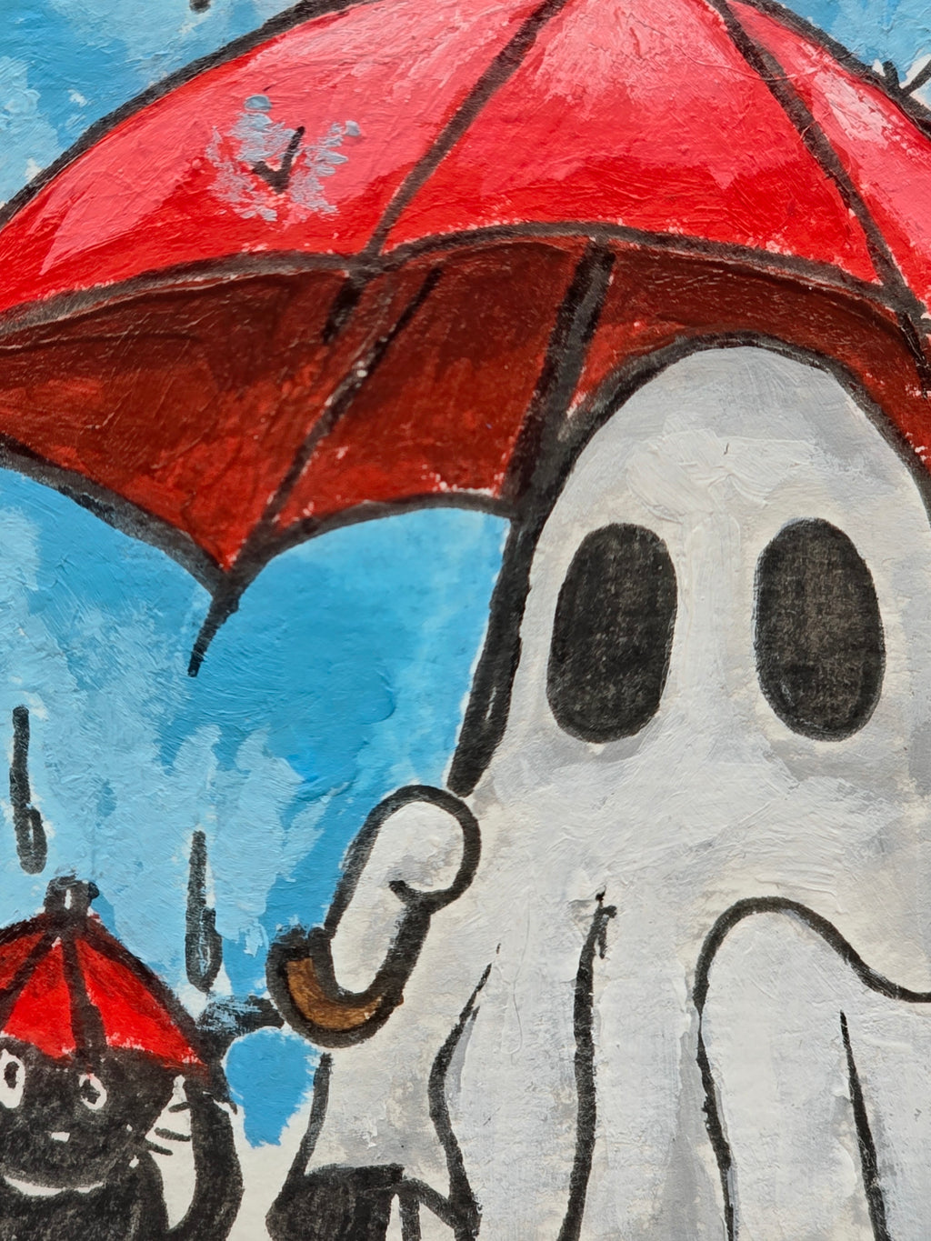 Close-up of A Little Under the Weather showing a white ghost beneath a large red umbrella with raindrops falling against a blue background.