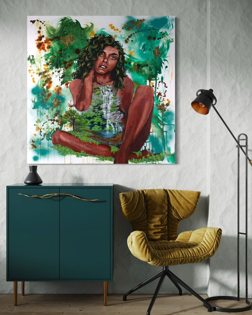 Gaia Mother Earth Goddess 48x48 original acrylic painting displayed in a modern interior above a green cabinet