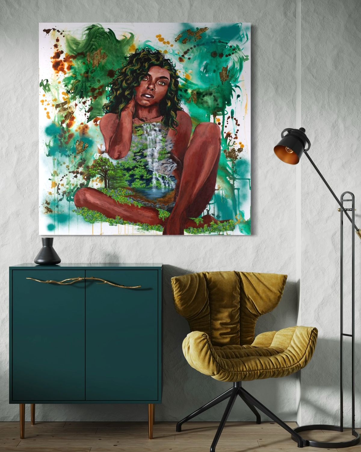 Gaia Mother Earth Goddess 48x48 original acrylic painting displayed in a modern interior above a green cabinet