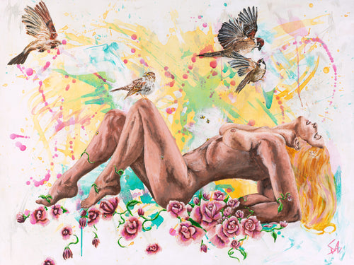 Aphrodite: The Goddess of Love original acrylic painting featuring a reclining woman surrounded by pink roses and flying birds