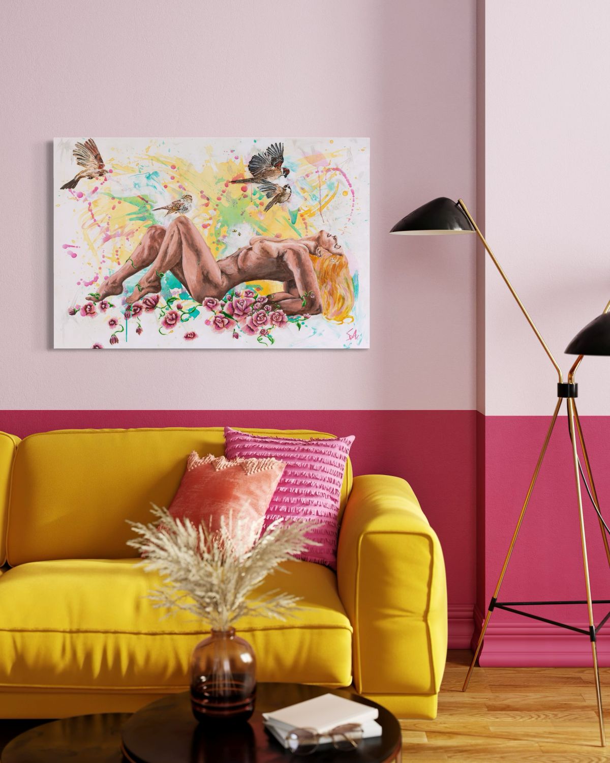 Aphrodite: The Goddess of Love original acrylic painting displayed above a yellow sofa in a colorful modern interior