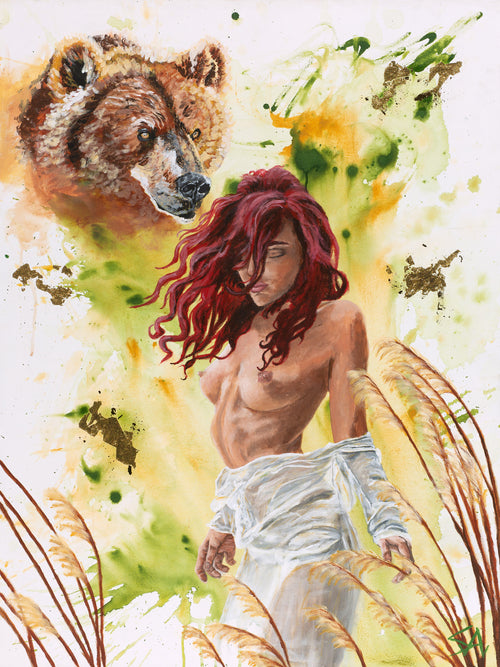 Aura Goddess of the Breeze original acrylic painting featuring a red-haired woman, bear, and windswept grasses