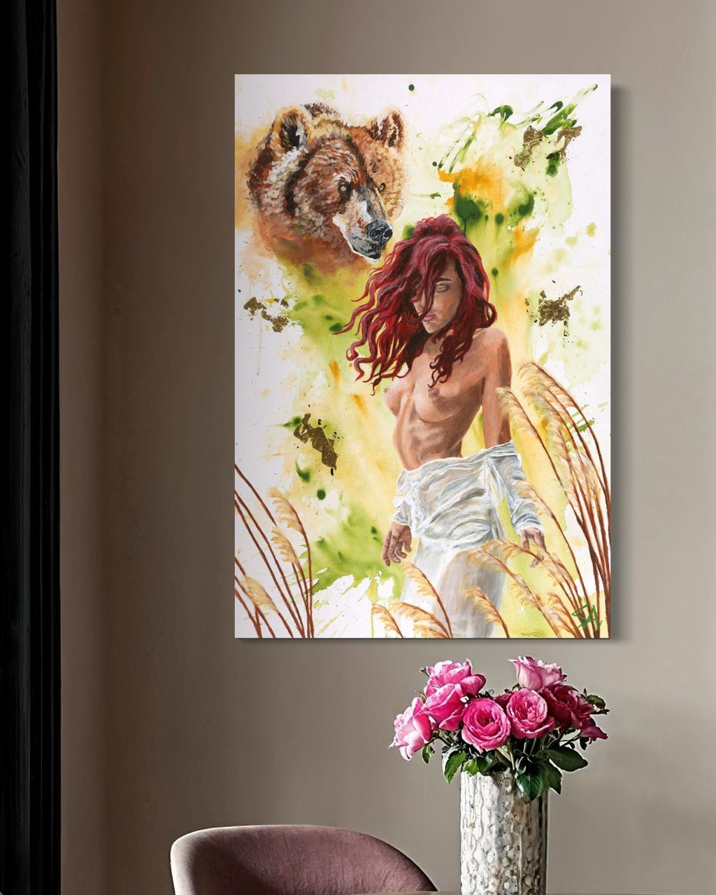 Aura Goddess of the Breeze original acrylic painting displayed on a wall in a styled interior