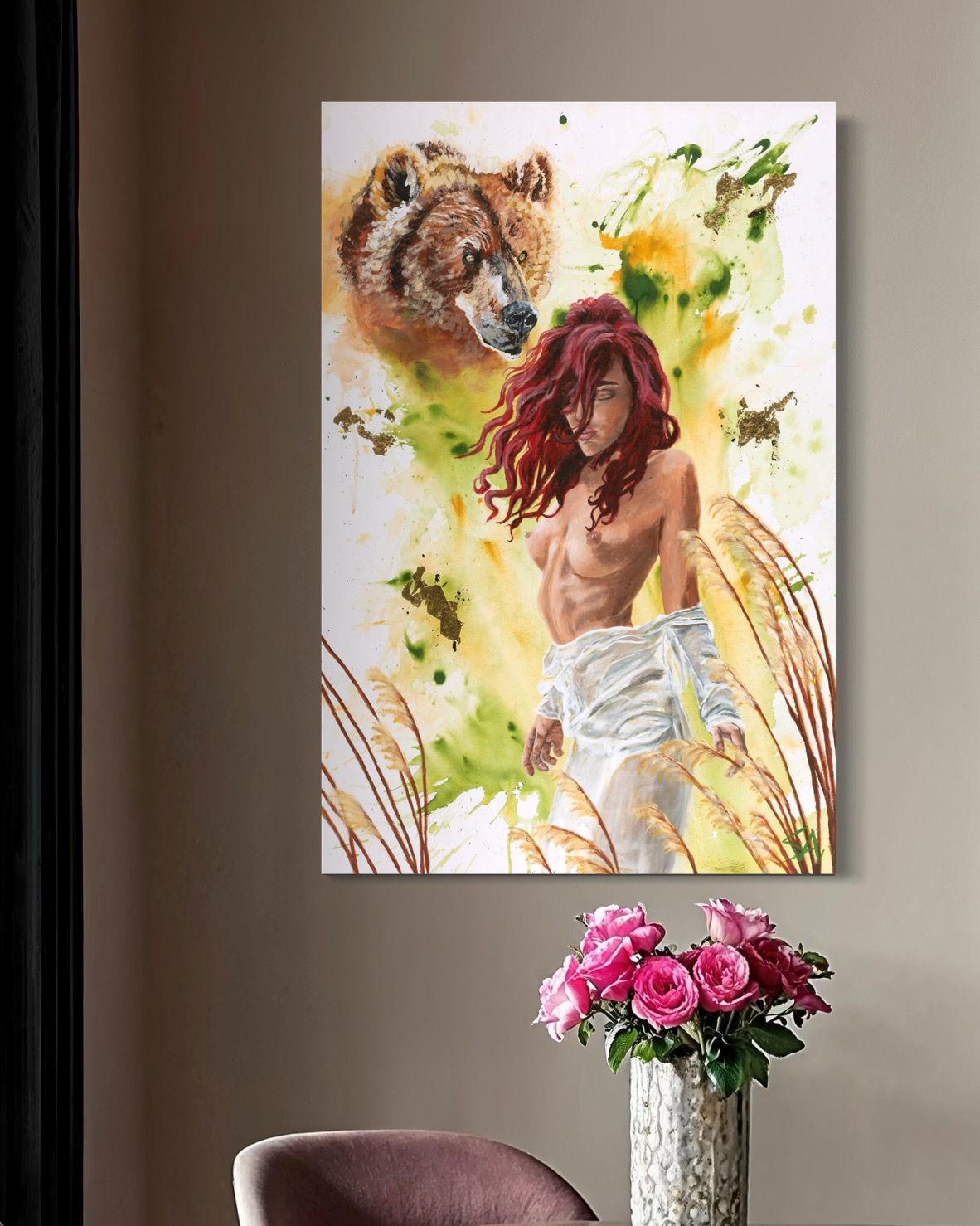 Aura Goddess of the Breeze original acrylic painting displayed on a wall in a styled interior