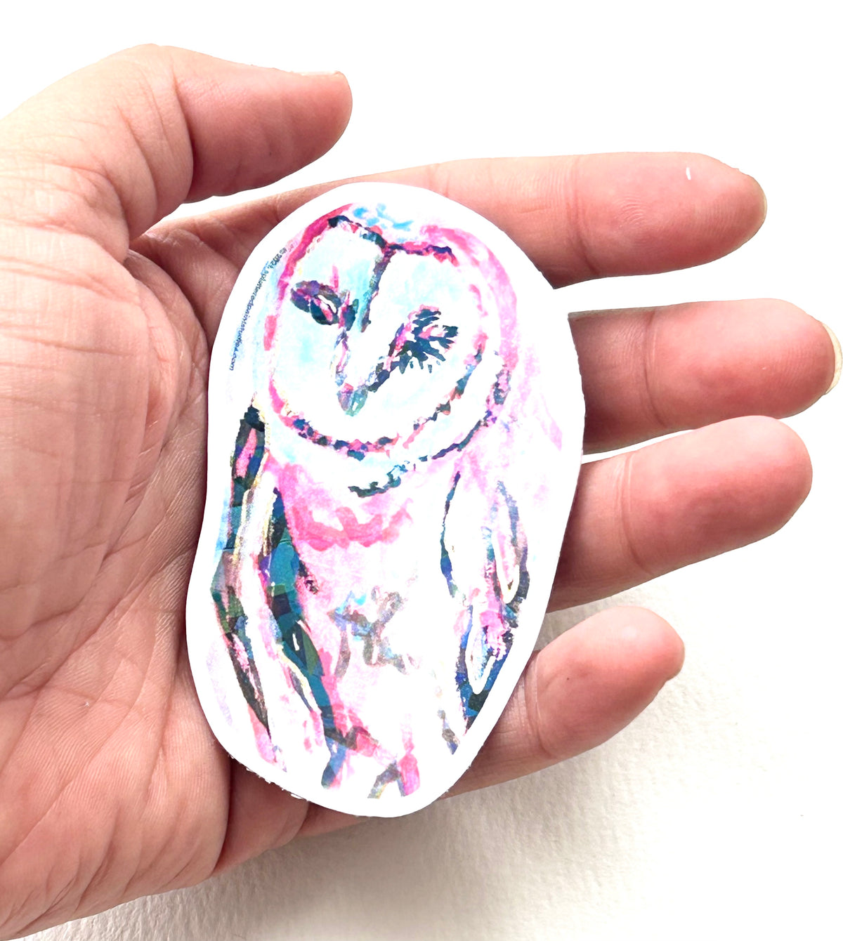 Aurora Watcher 3-inch holographic vinyl owl sticker held in hand to show size and scale
