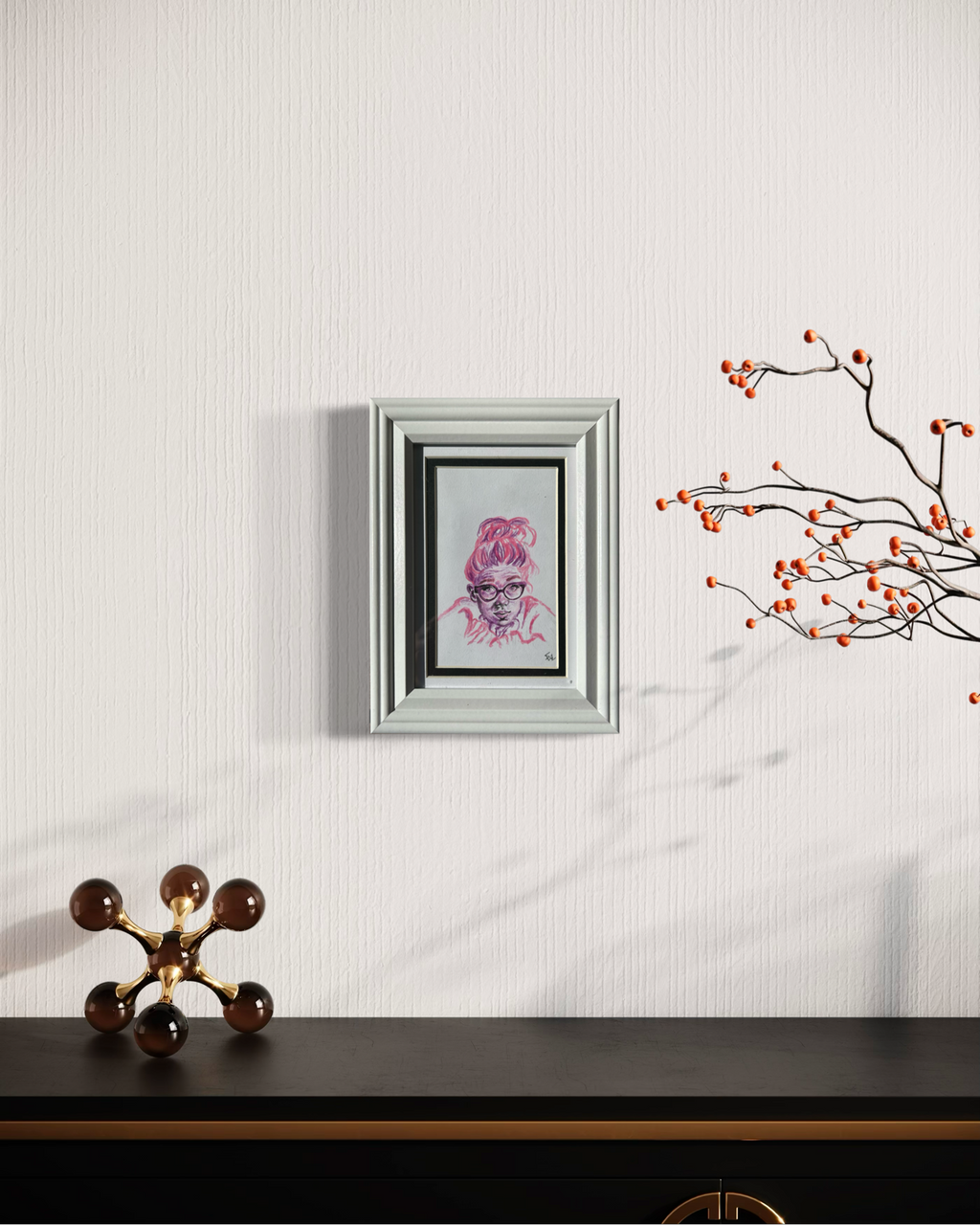 Daydreamer framed colored pencil portrait displayed on a wall to show artwork size and scale