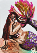 Calyra Of The Whispering Shores 5x7 art print featuring a colorful mermaid with a vibrant pink and gold tail