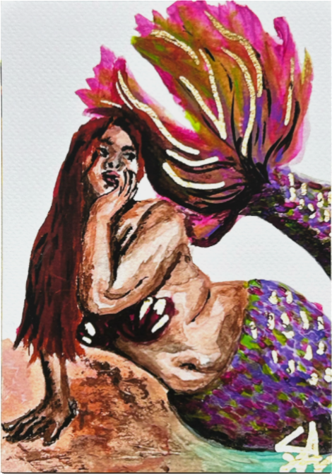 Calyra Of The Whispering Shores 5x7 art print featuring a colorful mermaid with a vibrant pink and gold tail