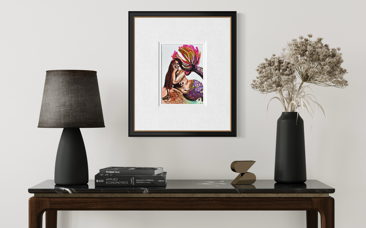 Calyra Of The Whispering Shores 5x7 mermaid art print displayed framed on a wall