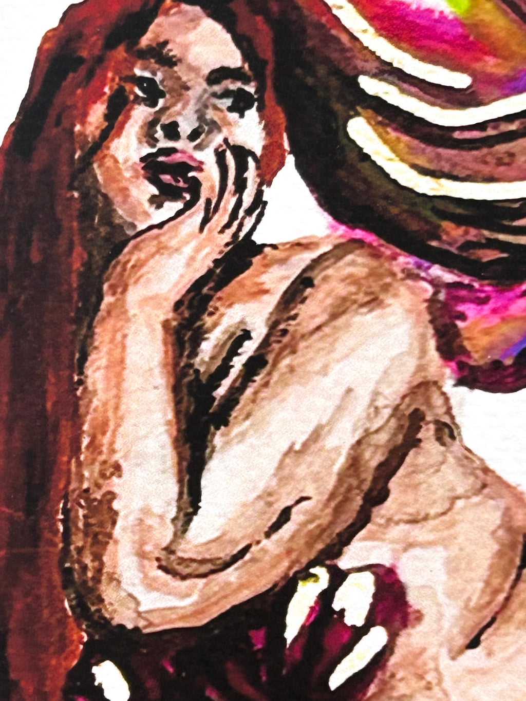Close-up detail of Calyra Of The Whispering Shores showing the expressive mermaid figure and flowing hair