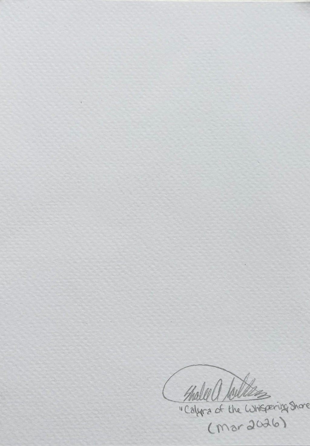 Back of Calyra Of The Whispering Shores art print showing the artist signature, title, and date
