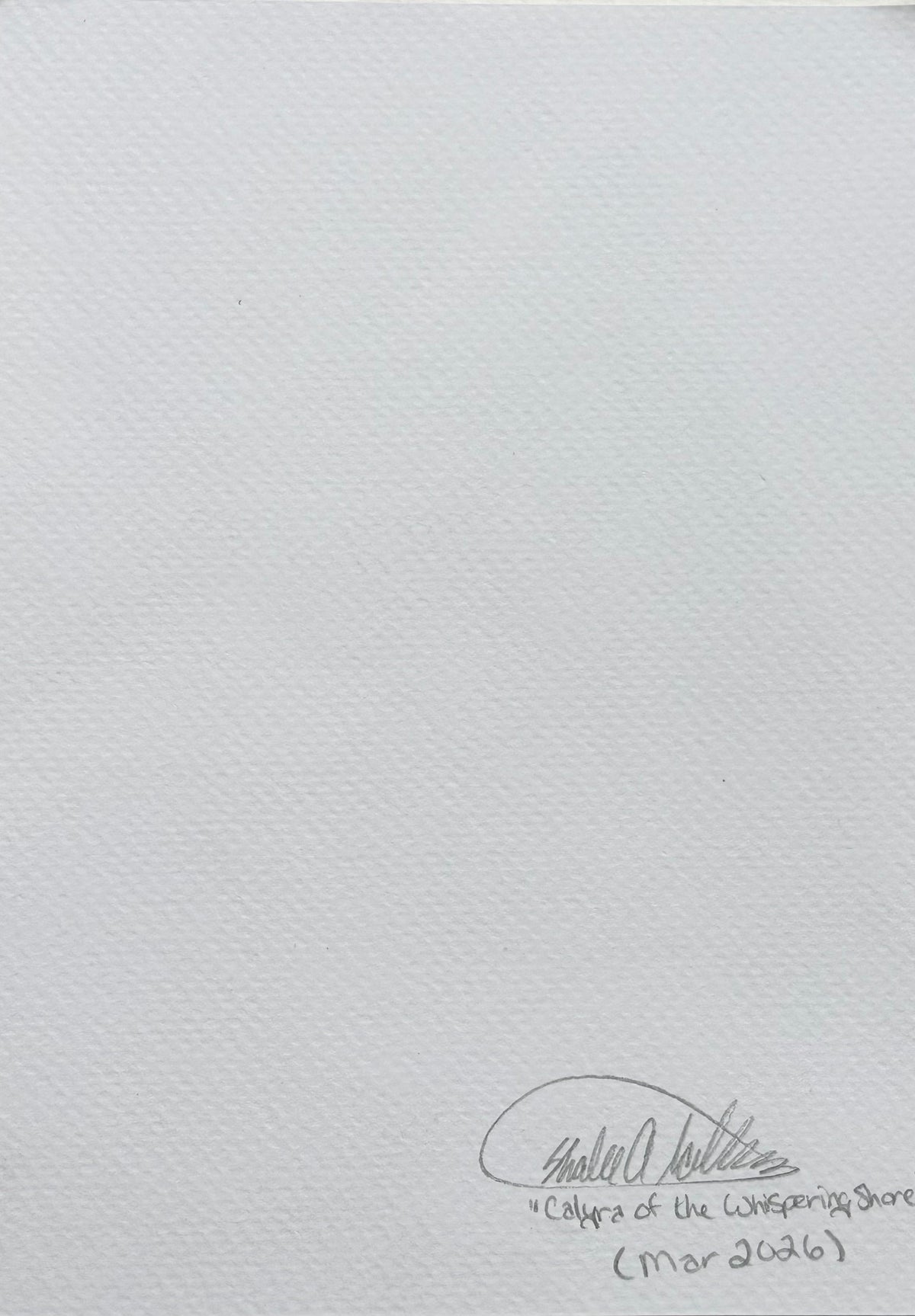 Back of Calyra Of The Whispering Shores art print showing the artist signature, title, and date