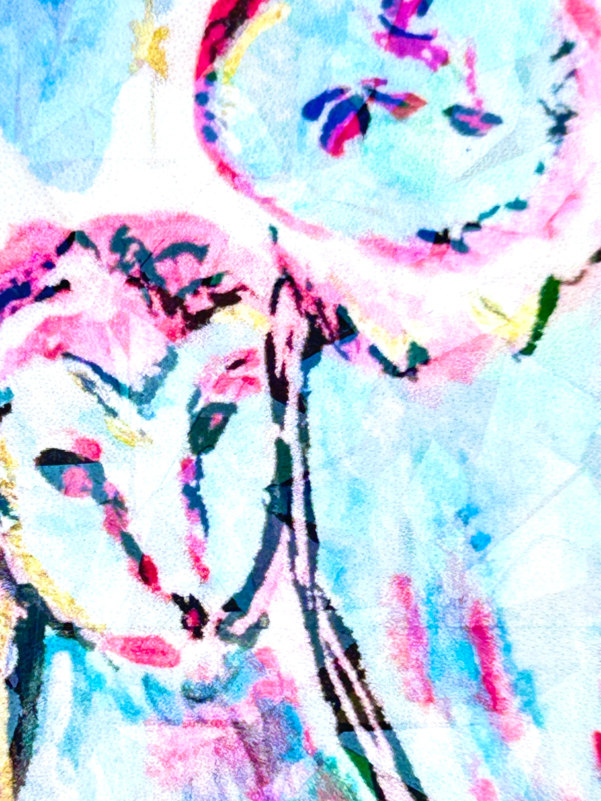 Close-up of Celestial Keepers showing the two blue and pink owls and expressive artwork details