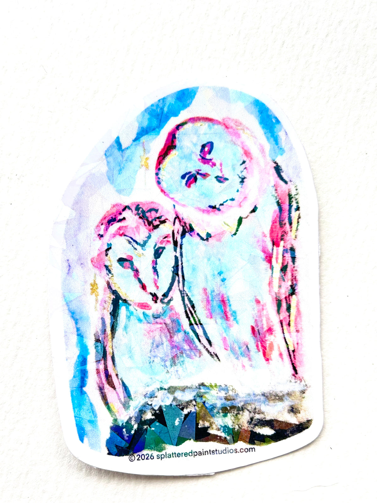 Celestial Keepers vinyl sticker featuring two colorful owls in blue and pink from the Starlit Aviary collection