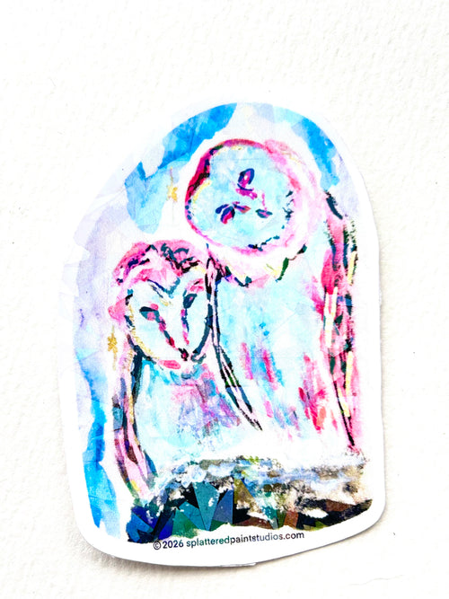 Celestial Keepers vinyl sticker featuring two colorful owls in blue and pink from the Starlit Aviary collection