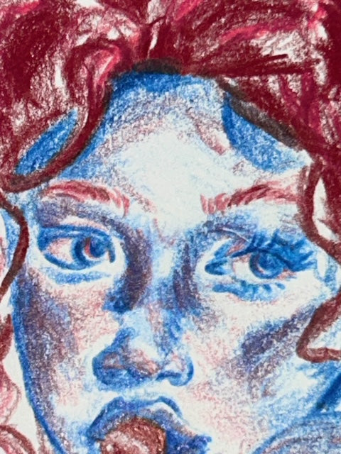 Close-up of Cherry Bomb colored pencil portrait showing red hair and expressive blue and red facial shading