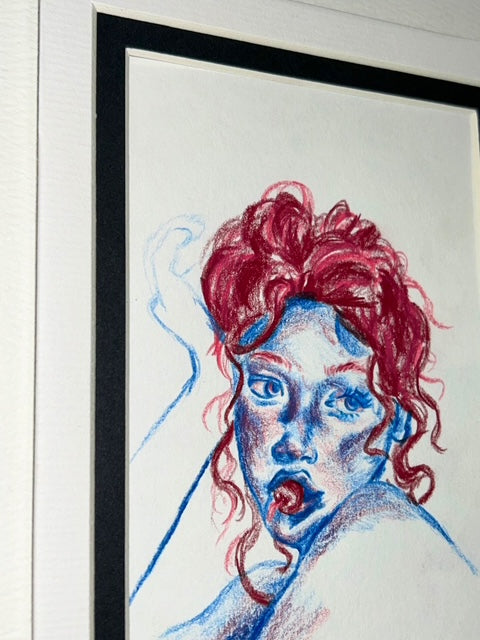 Angled view of Cherry Bomb original colored pencil portrait showing the artwork and black and white matting