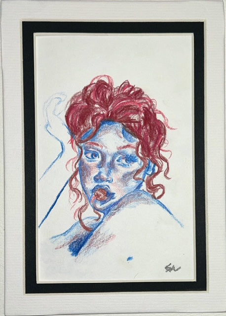 Cherry Bomb original colored pencil portrait drawing with red hair and blue shading, matted to 5 by 7 inches