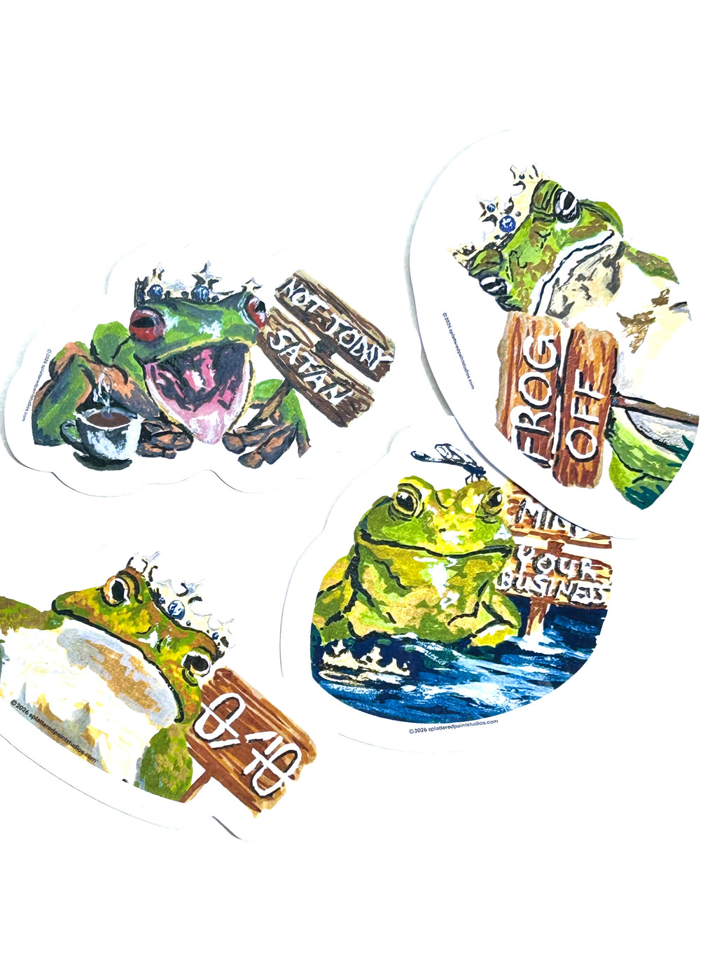 Four vinyl frog stickers from the Chronicles of a Tired Frog collection featuring colorful original artwork