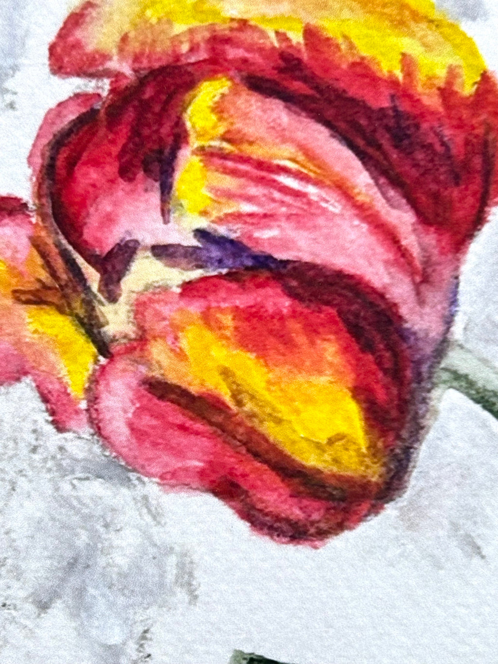 Close-up detail of Crimson Whisper floral artwork in crimson, pink and gold