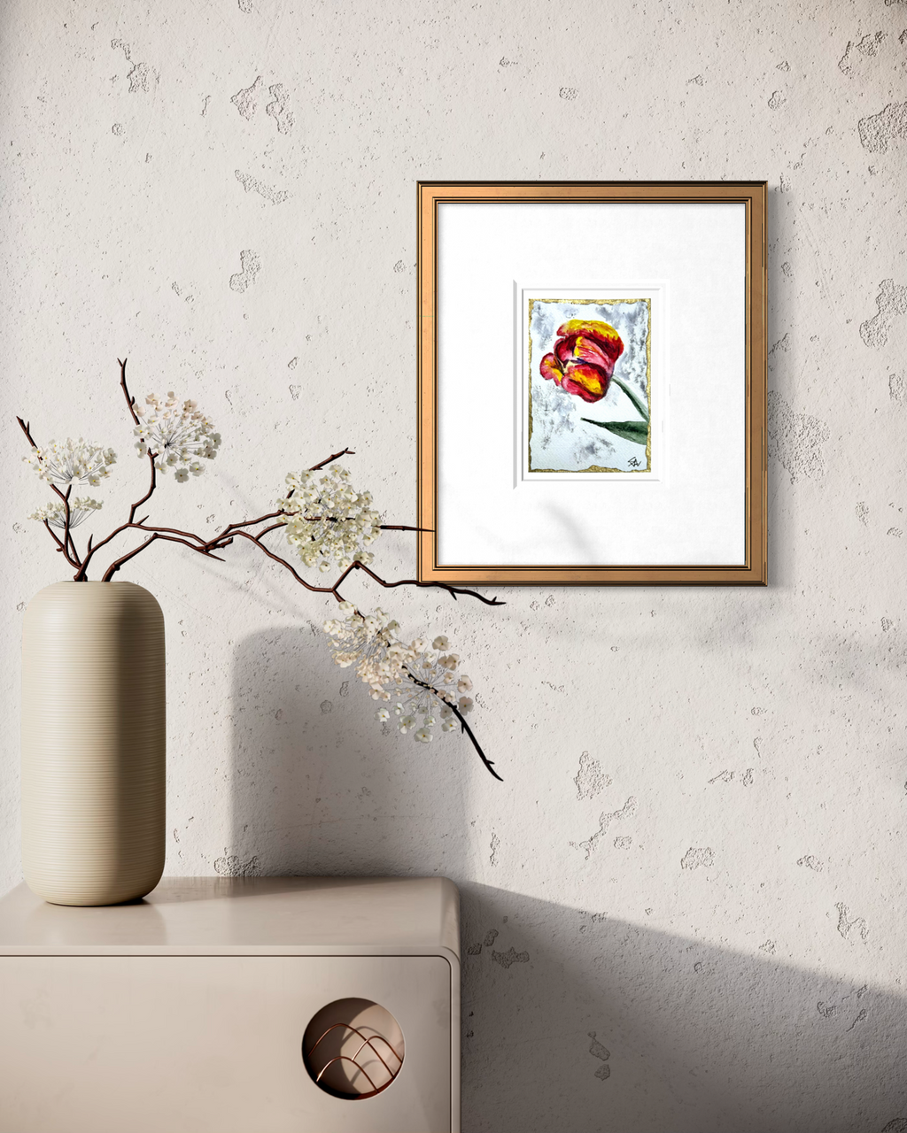 Crimson Whisper floral art print displayed framed on a wall
