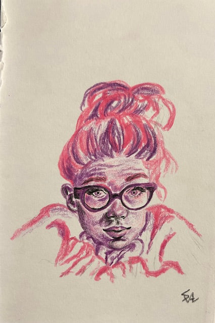 Close-up of Daydreamer original 4x6 colored pencil portrait featuring a woman with glasses and pink hair