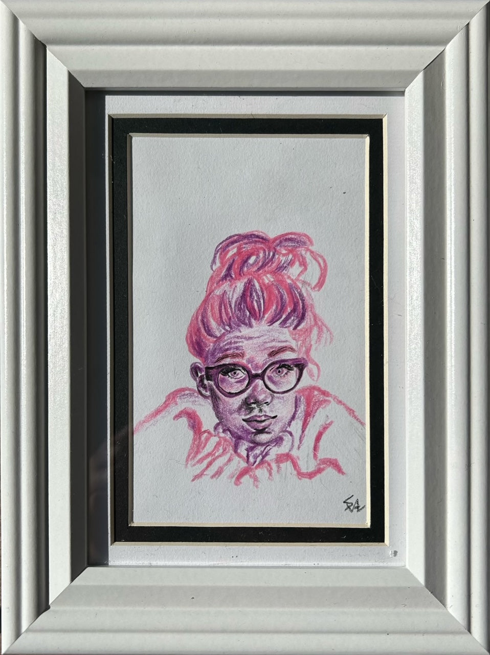 Daydreamer original colored pencil portrait in pink and purple, matted and displayed in a 5x7 silver frame