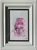Daydreamer original colored pencil portrait in pink and purple, matted and displayed in a 5x7 silver frame