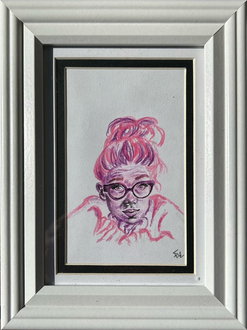Daydreamer original colored pencil portrait in pink and purple, matted and displayed in a 5x7 silver frame