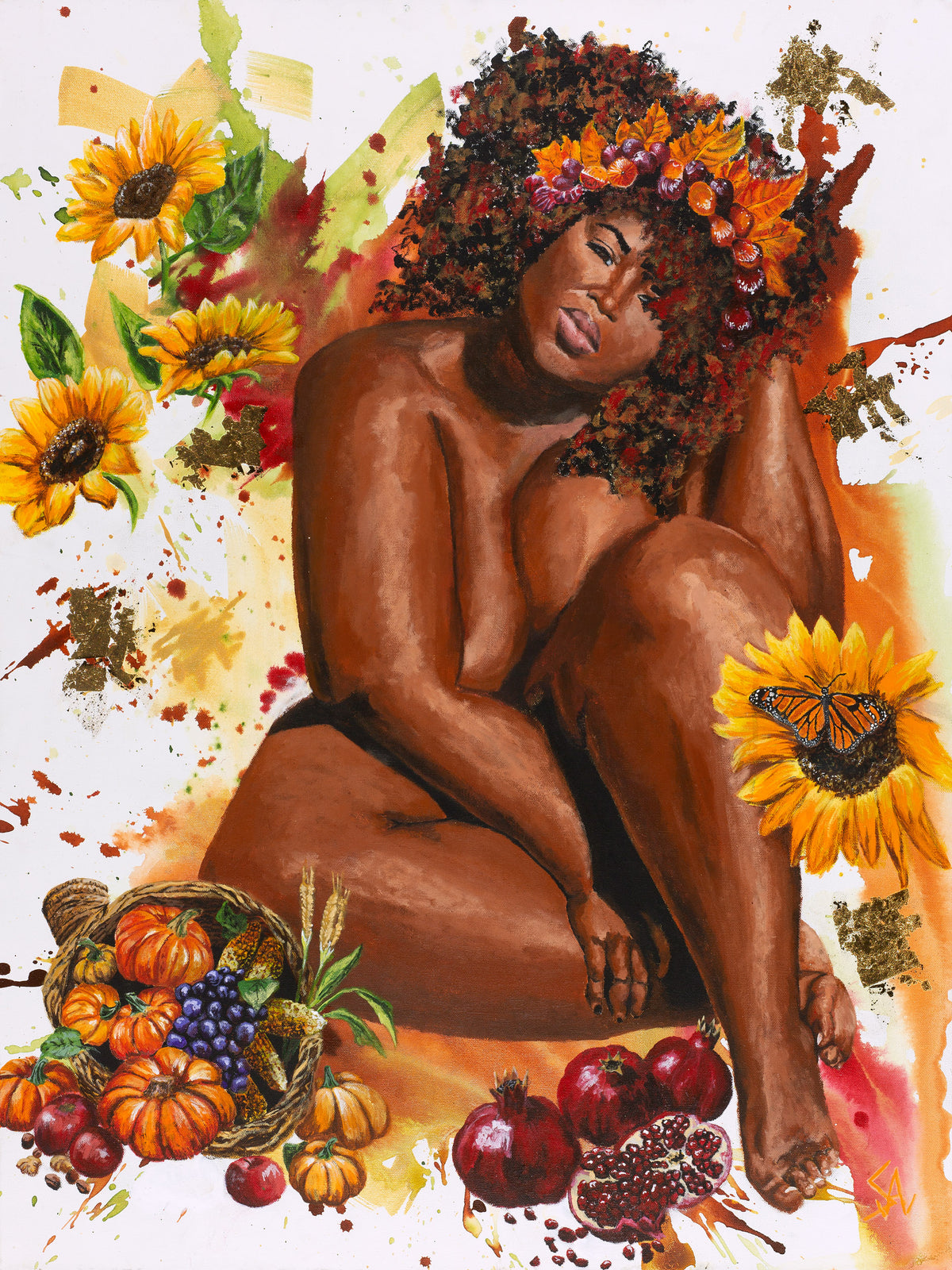 Demeter Goddess of Harvest original acrylic painting with sunflowers, autumn harvest fruits, flowers, and gold accents