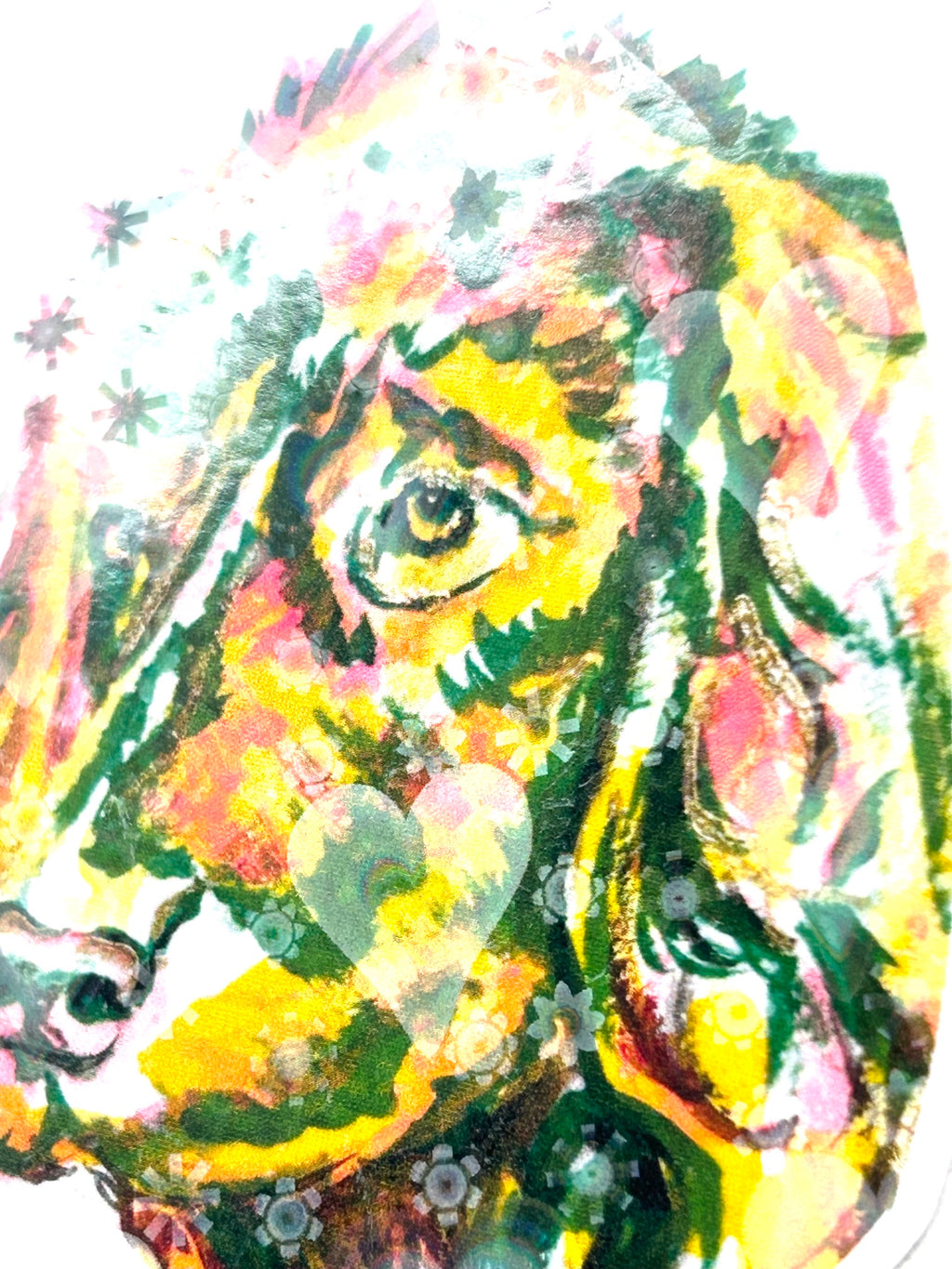 Close-up of Devotion holographic vinyl sticker showing the colorful dog portrait and reflective holographic details