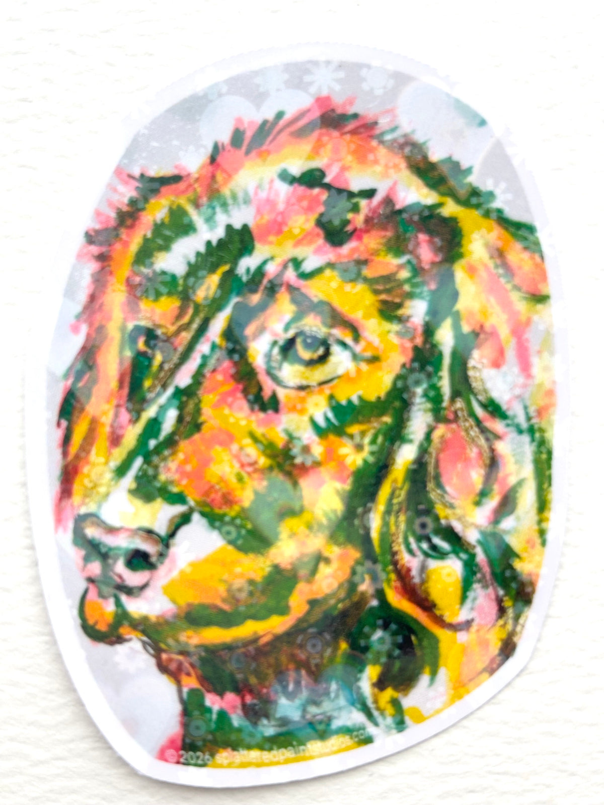 Devotion holographic vinyl sticker featuring a colorful expressive dog portrait from the Neon Familiars collection