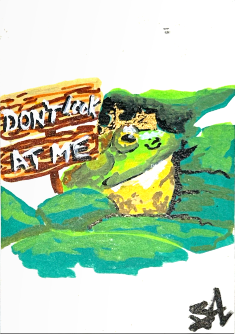 Close-up of Don't Look At Me ACEO frog artwork in acrylic and gold marker