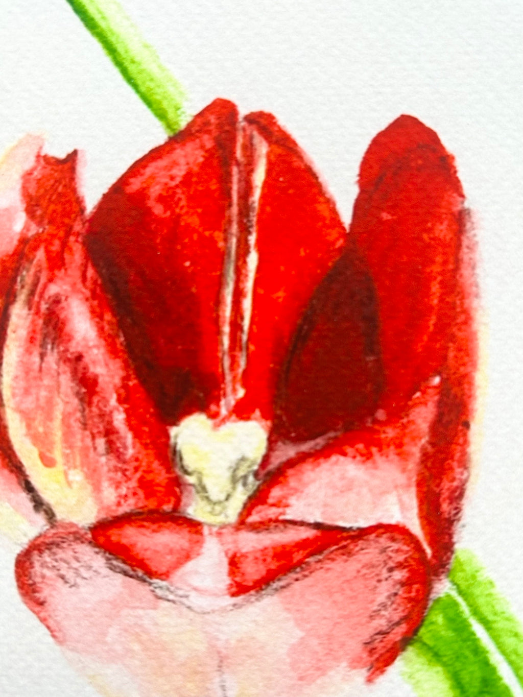 Close-up of Ember in Bloom art print showing expressive red and pink flower petals with vivid green stems