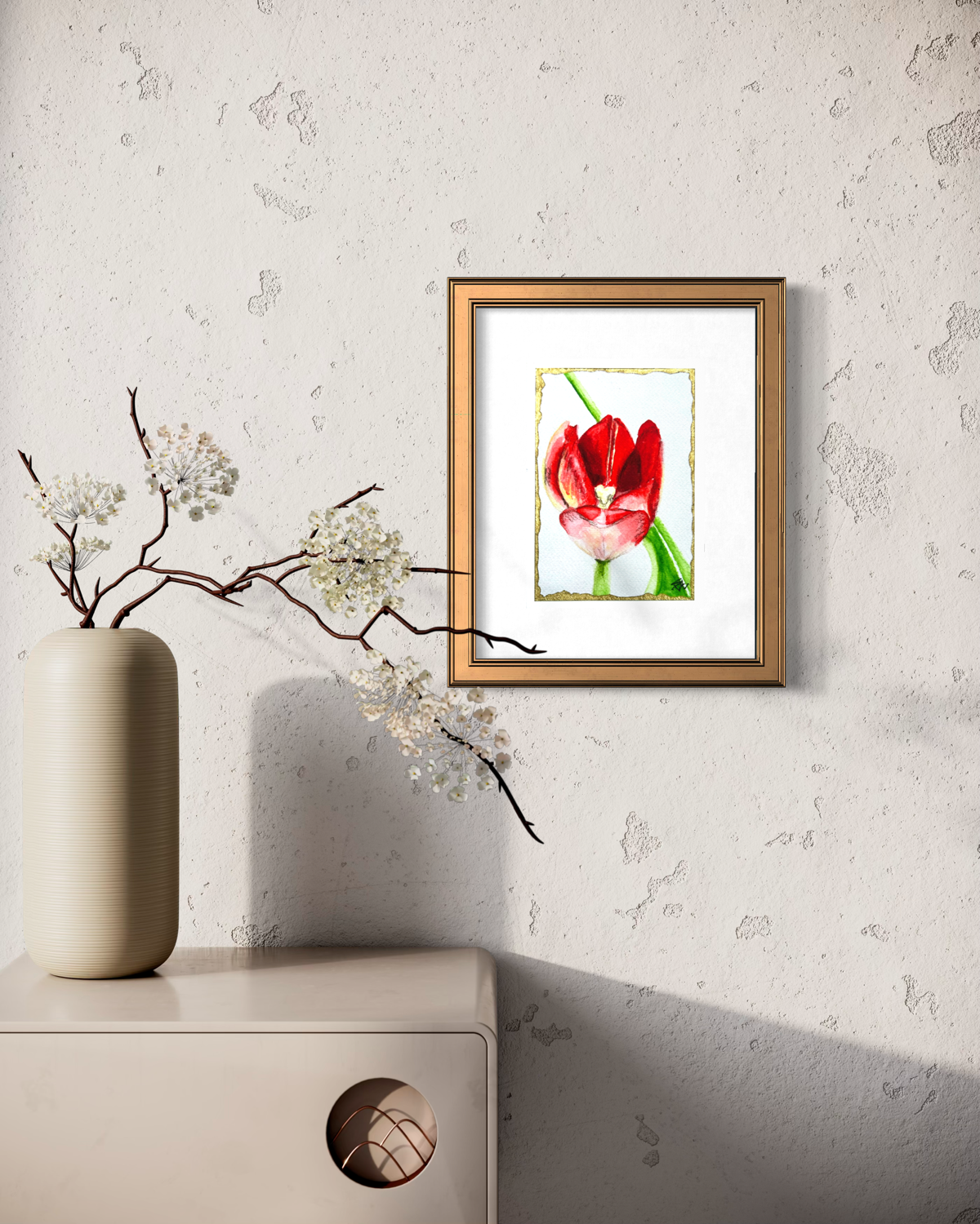 Ember in Bloom 5x7 floral art print displayed in a gold frame with neutral decor and flowering branches