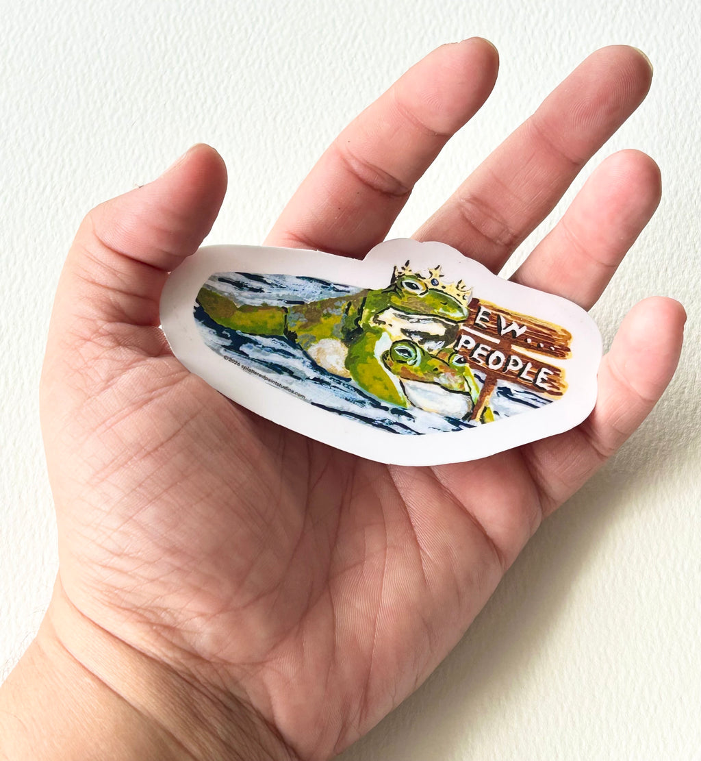 Ew...People 3-inch vinyl frog sticker held in hand to show size and scale