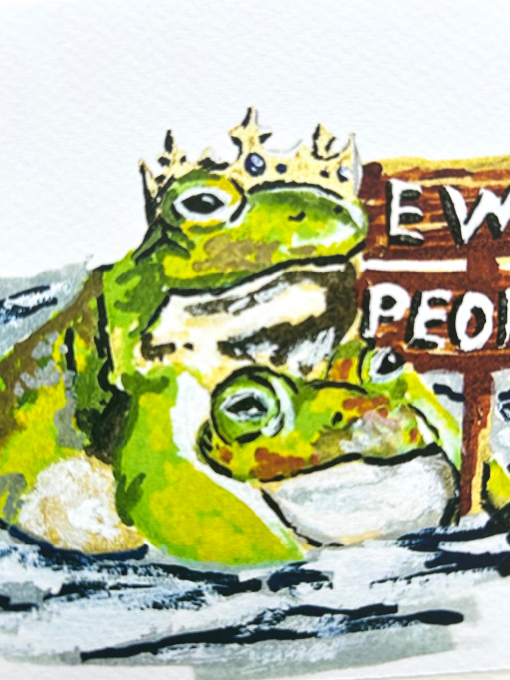 Close-up detail of Ew...People 5x7 art print showing two crowned green frogs beside the wooden sign