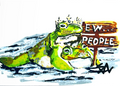 Ew...People 5x7 art print featuring two crowned frogs lounging beside a wooden Ew People sign