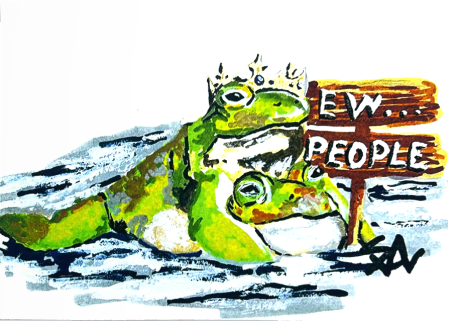 Ew...People 5x7 art print featuring two crowned frogs lounging beside a wooden Ew People sign