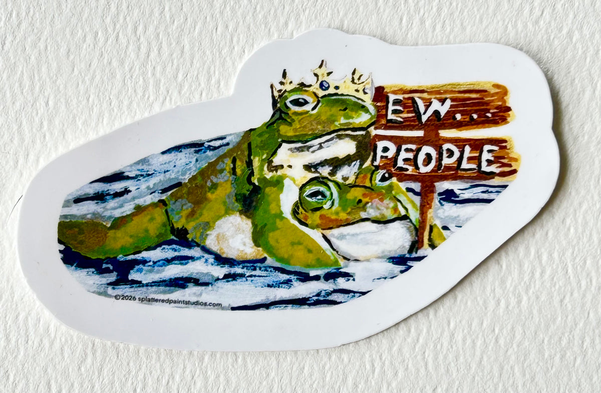 Ew...People 3-inch vinyl sticker featuring two green frogs beside an Ew People sign