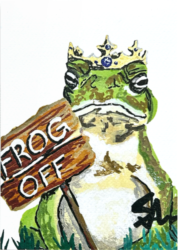 Close-up of Frog Off art print featuring a crowned green frog holding a wooden Frog Off sign