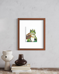 Frog Off 5x7 art print featuring a crowned frog displayed in a framed wall mockup