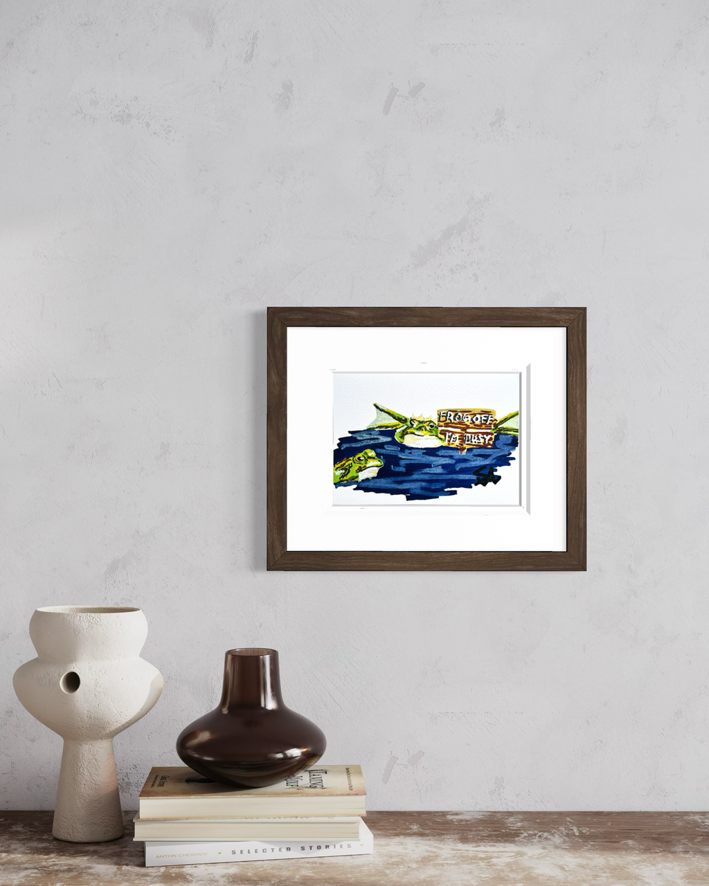 Frog Off, I'm Busy 5x7 frog art print displayed framed on a wall