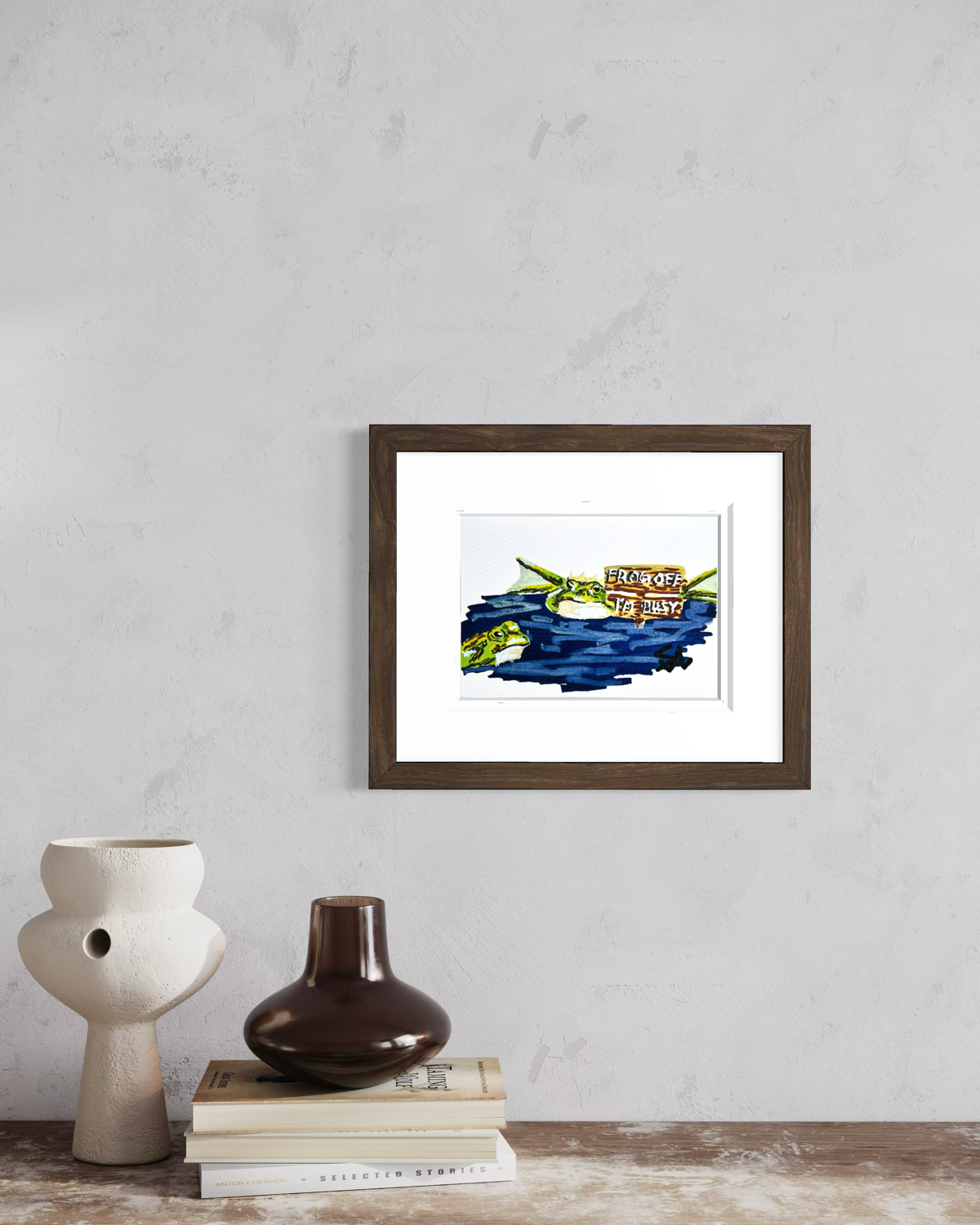 Frog Off, I'm Busy 5x7 frog art print displayed framed on a wall